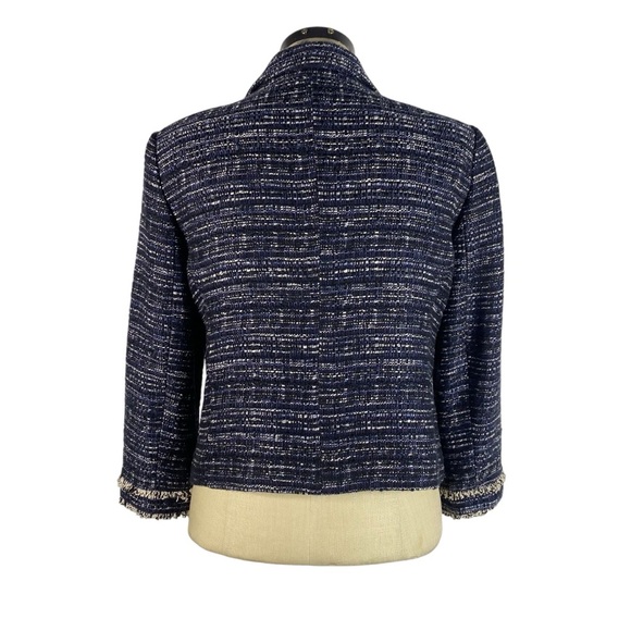 Ann Taylor Cotton Blend Tweed Fringe Trim Blazer Jacket 6 Navy Blue Black Ivory - Picture 4 of 9
